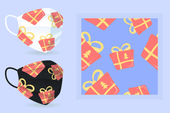 Red New Year Gift on Face Mask Mockup